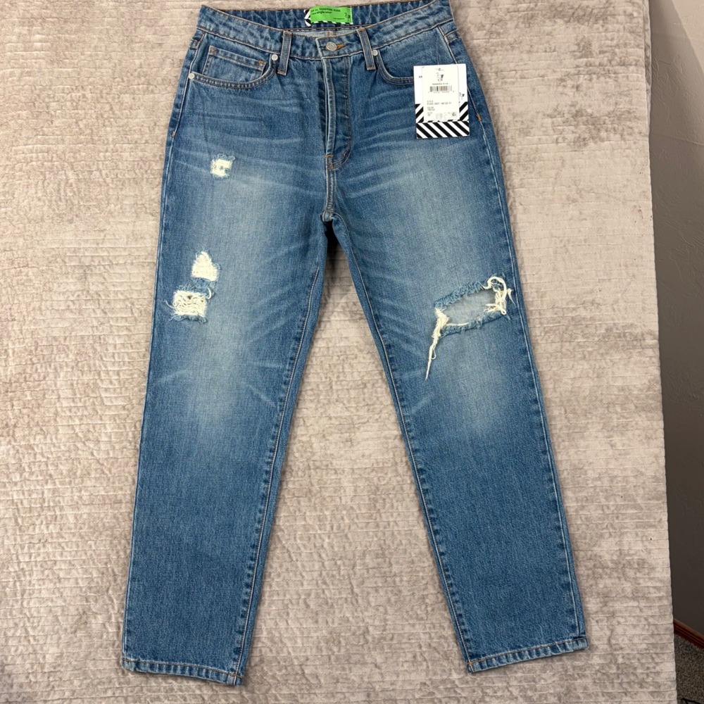 Sandrine Rose The Virgin Label High Rise Distressed Straight Leg Jeans Indigo 28